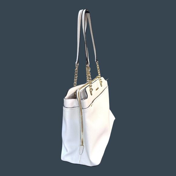 Calvin Klein White Purse Pocketbook Chain Straps Key Item Saffiano Leather Tote - Picture 7 of 12